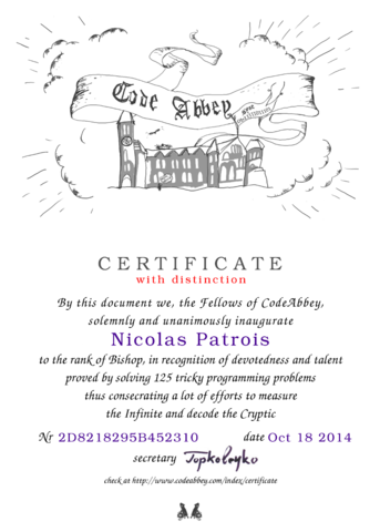 Certificate for Nicolas Patrois